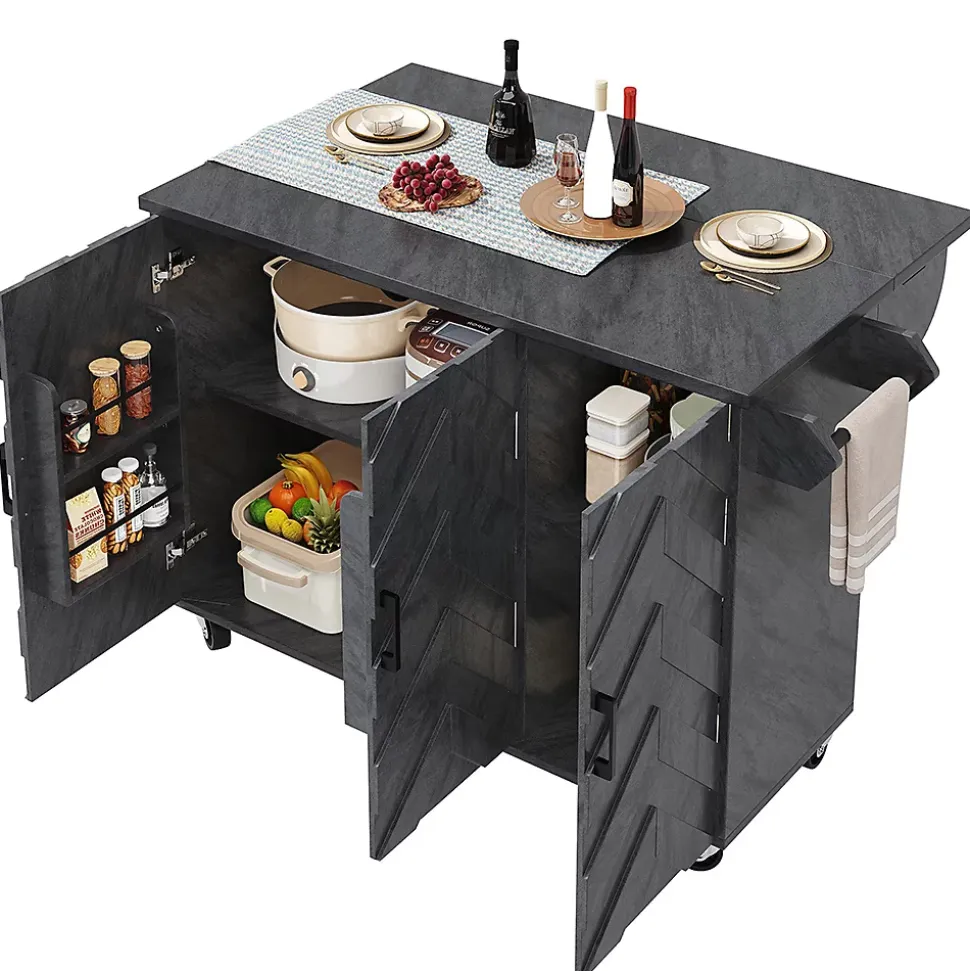 Îlot cuisine mobile 118x45x92 cm, 3 tiroirs, étagères réglables, porte-serviettes, roulettes
