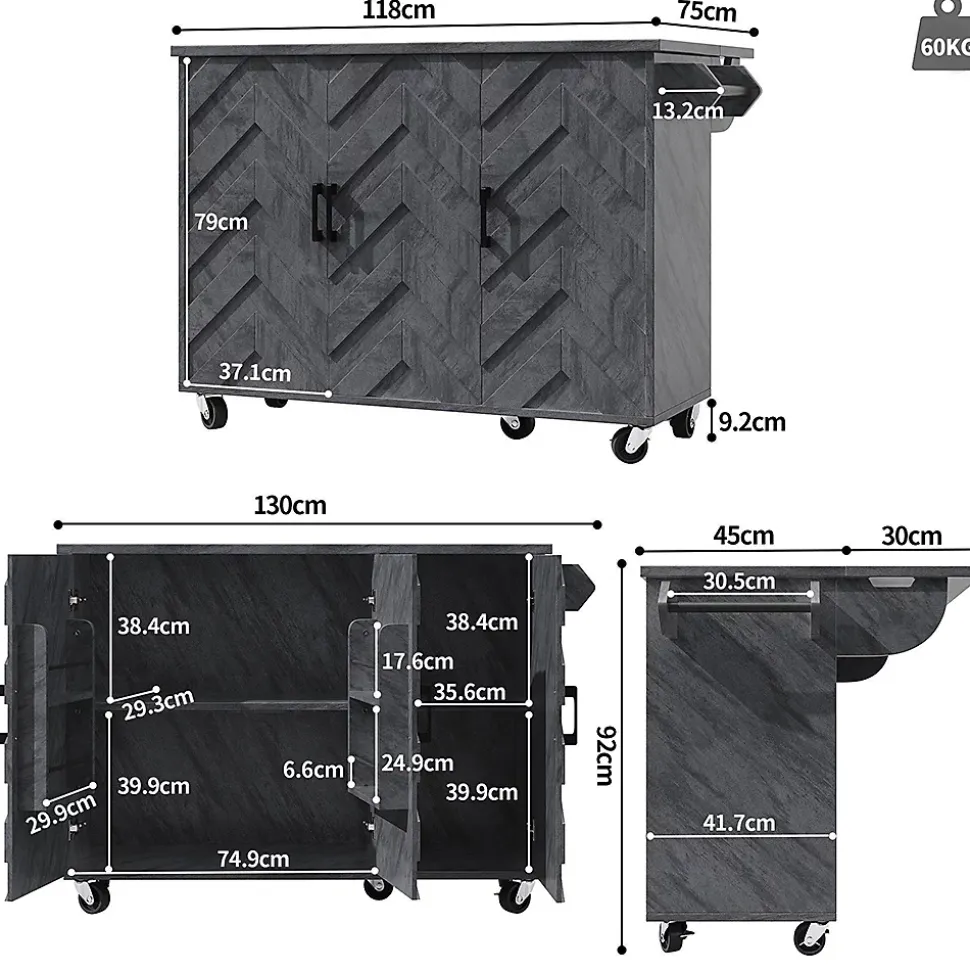 Îlot cuisine mobile 118x45x92 cm, 3 tiroirs, étagères réglables, porte-serviettes, roulettes