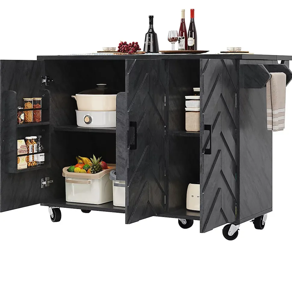 Îlot cuisine mobile 118x45x92 cm, 3 tiroirs, étagères réglables, porte-serviettes, roulettes