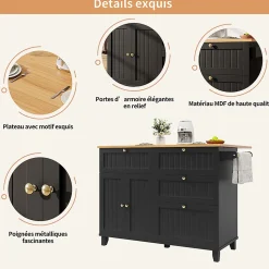 Îlot cuisine moderne bois veiné noir, multifonction+rangement