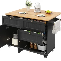 Îlot cuisine moderne bois veiné noir, multifonction+rangement