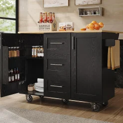 Îlot Cuisine Rangement Snacks Armoires Roulettes Noir Blackcolors
