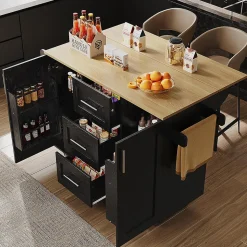 Îlot Cuisine Rangement Snacks Armoires Roulettes Noir Blackcolors