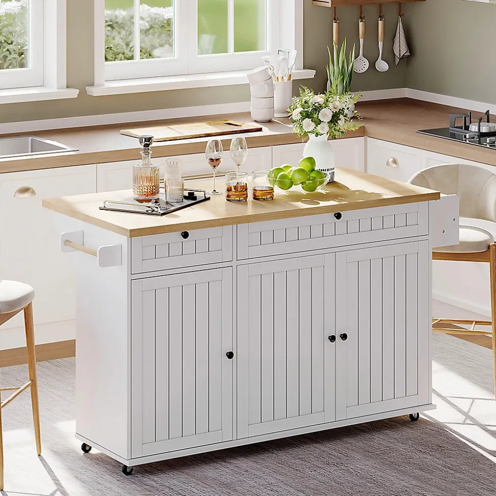 Îlot cuisine 137x89.5x45 cm, 6 roulettes, 2 tiroirs, étagère de porte - blanc