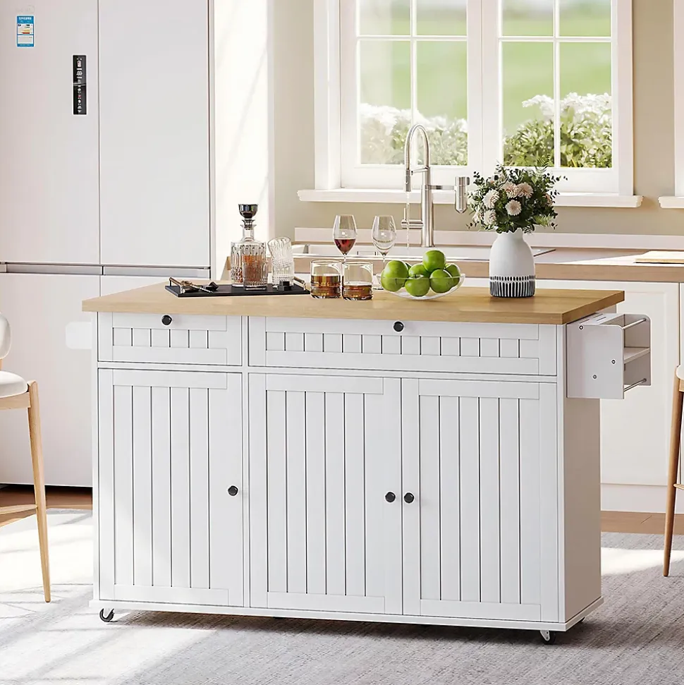 Îlot cuisine 137x89.5x45 cm, 6 roulettes, 2 tiroirs, étagère de porte - blanc