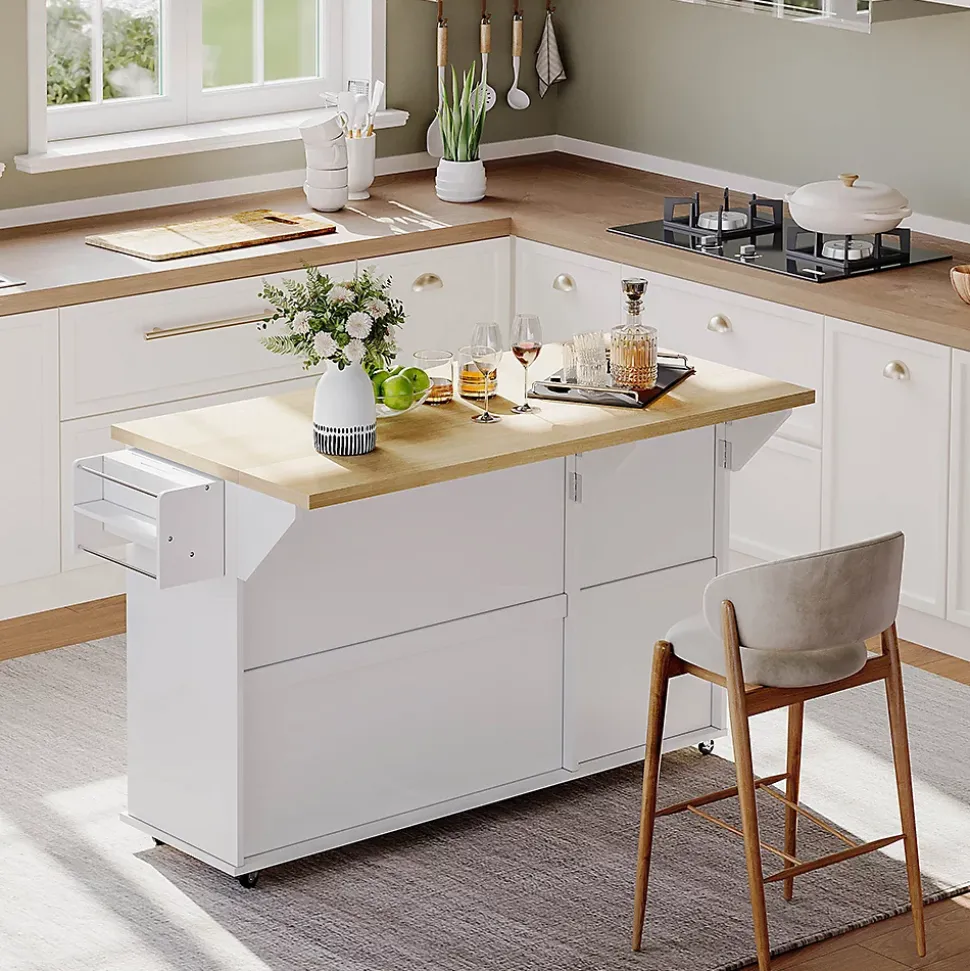 Îlot cuisine 137x89.5x45 cm, 6 roulettes, 2 tiroirs, étagère de porte - blanc