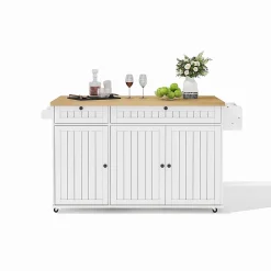 Îlot cuisine 137x89.5x45 cm, 6 roulettes, 2 tiroirs, étagère de porte - blanc