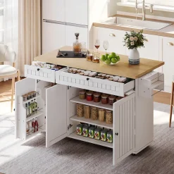 Îlot cuisine 137x89.5x45 cm, 6 roulettes, 2 tiroirs, étagère de porte - blanc