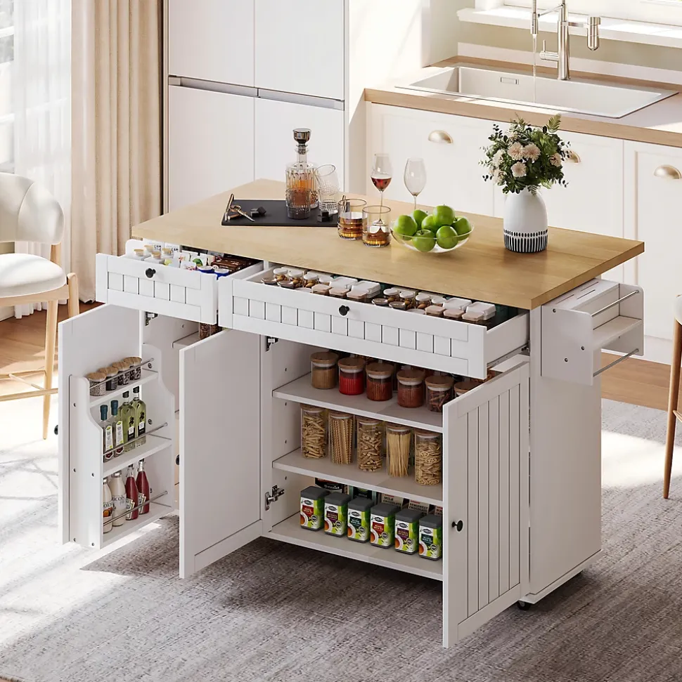Îlot cuisine 137x89.5x45 cm, 6 roulettes, 2 tiroirs, étagère de porte - blanc