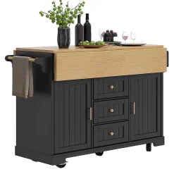 Îlot cuisine 120x40(80)x95cm - chariot coulissant, 2 portes, 3 tiroirs, noir/blanc