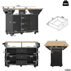 Îlot cuisine 120x40(80)x95cm - chariot coulissant, 2 portes, 3 tiroirs, noir/blanc
