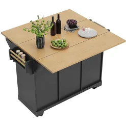 Îlot cuisine 120x40(80)x95cm - chariot coulissant, 2 portes, 3 tiroirs, noir/blanc