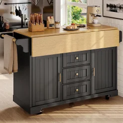 Îlot cuisine 120x40(80)x95cm - chariot coulissant, 2 portes, 3 tiroirs, noir/blanc