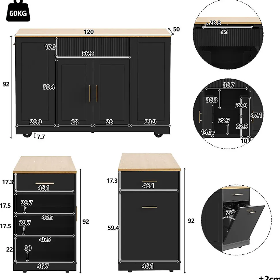 Îlot cuisine 120x50x92cm - chariot à roulettes, 2 portes, 3 tiroirs