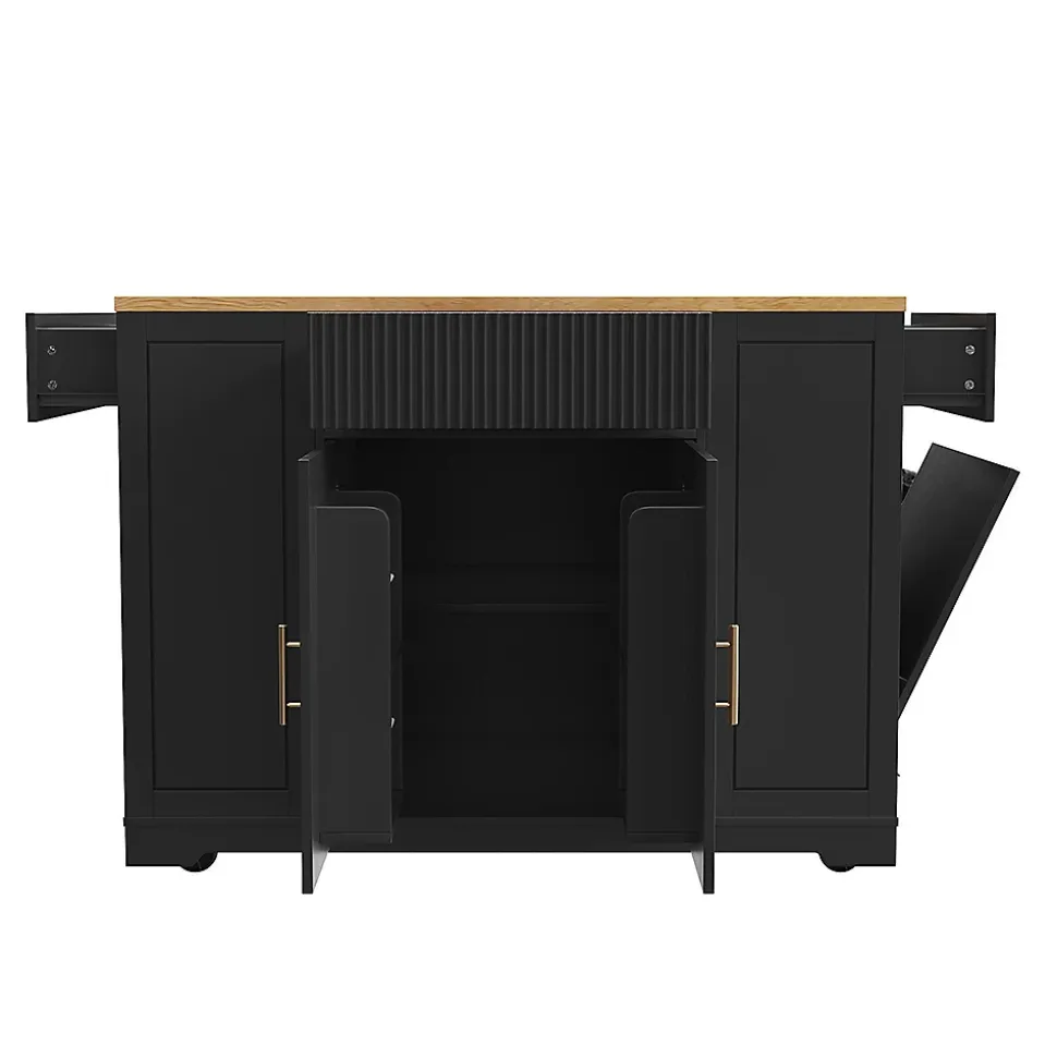 Îlot cuisine 120x50x92cm - chariot à roulettes, 2 portes, 3 tiroirs