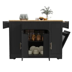 Îlot cuisine 120x50x92cm - chariot à roulettes, 2 portes, 3 tiroirs