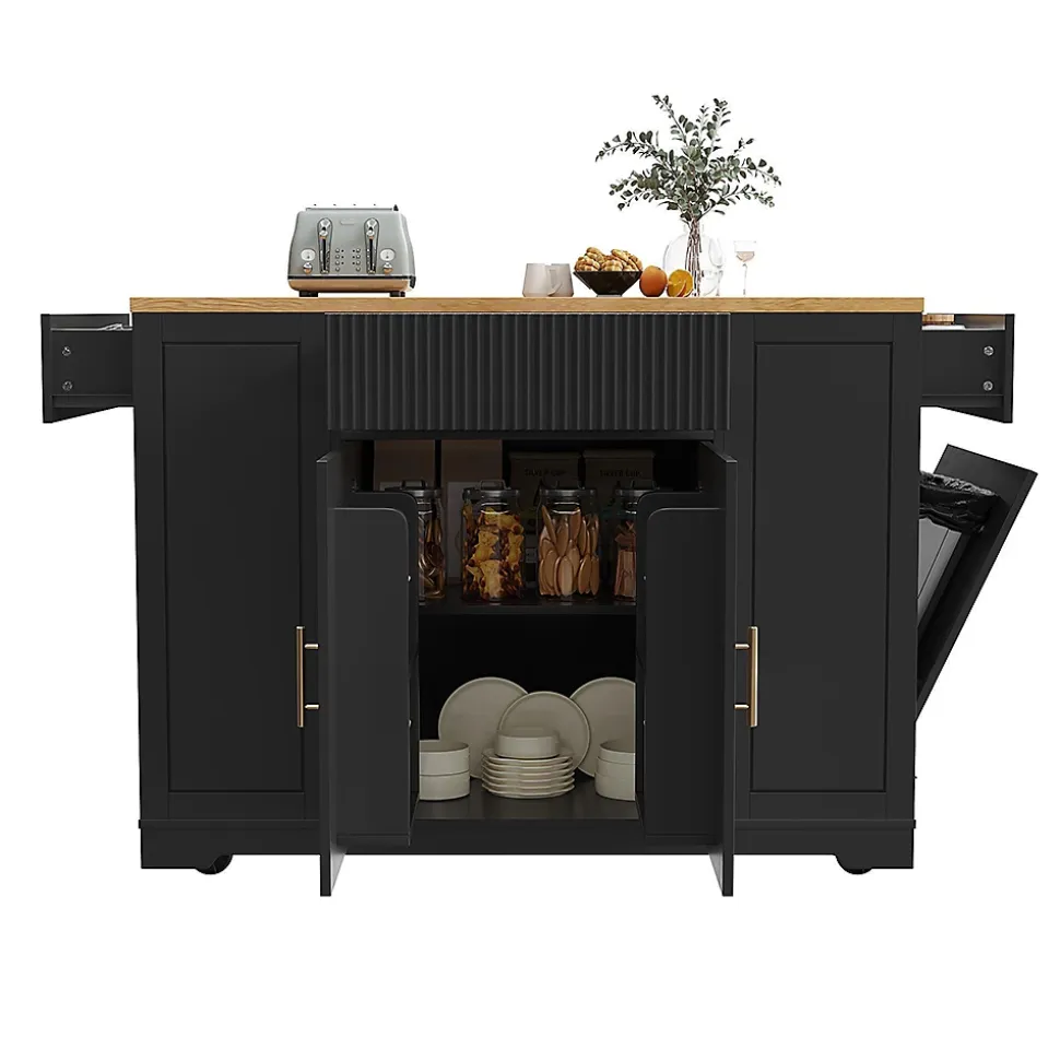 Îlot cuisine 120x50x92cm - chariot à roulettes, 2 portes, 3 tiroirs