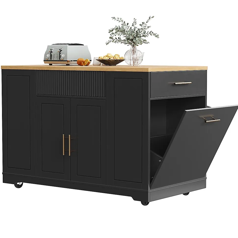 Îlot cuisine 120x50x92cm - chariot à roulettes, 2 portes, 3 tiroirs