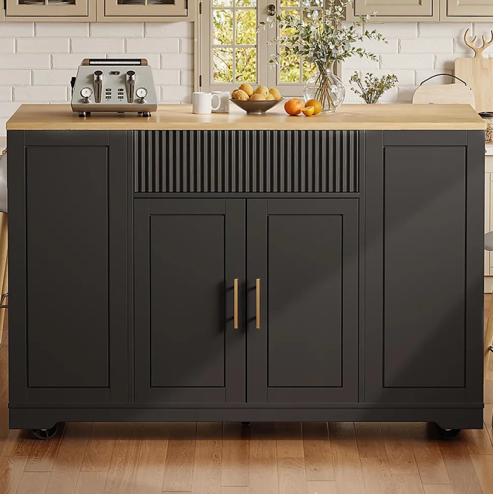 Îlot cuisine 120x50x92cm - chariot à roulettes, 2 portes, 3 tiroirs