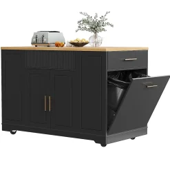 Îlot cuisine 120x50x92cm - chariot à roulettes, 2 portes, 3 tiroirs