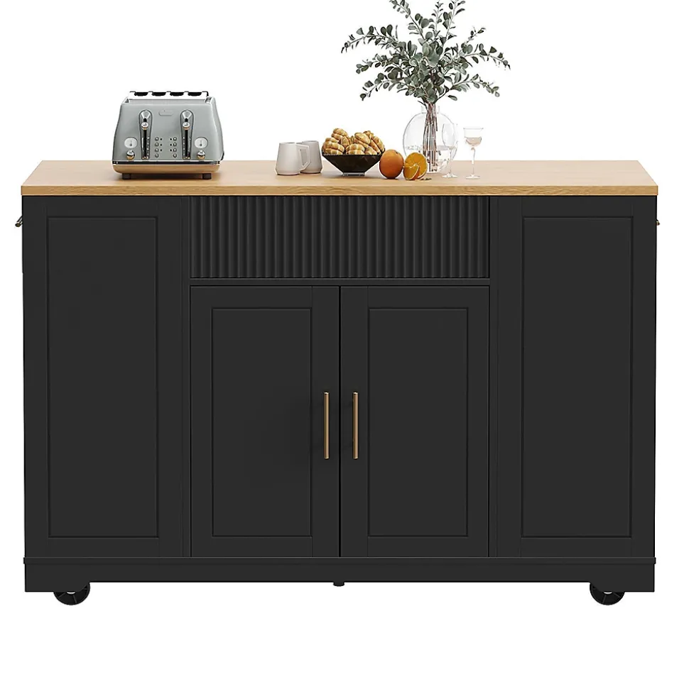 Îlot cuisine 120x50x92cm - chariot à roulettes, 2 portes, 3 tiroirs