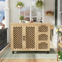 Îlot cuisine 120x45(75)x92cm - extensible, porte-serviettes, damier bois