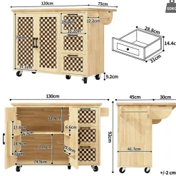 Îlot cuisine 120x45(75)x92cm - extensible, porte-serviettes, damier bois