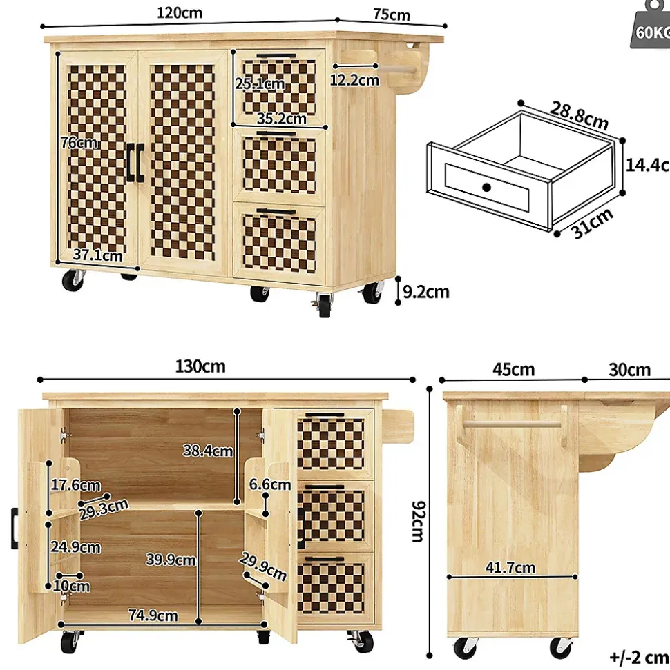 Îlot cuisine 120x45(75)x92cm - extensible, porte-serviettes, damier bois