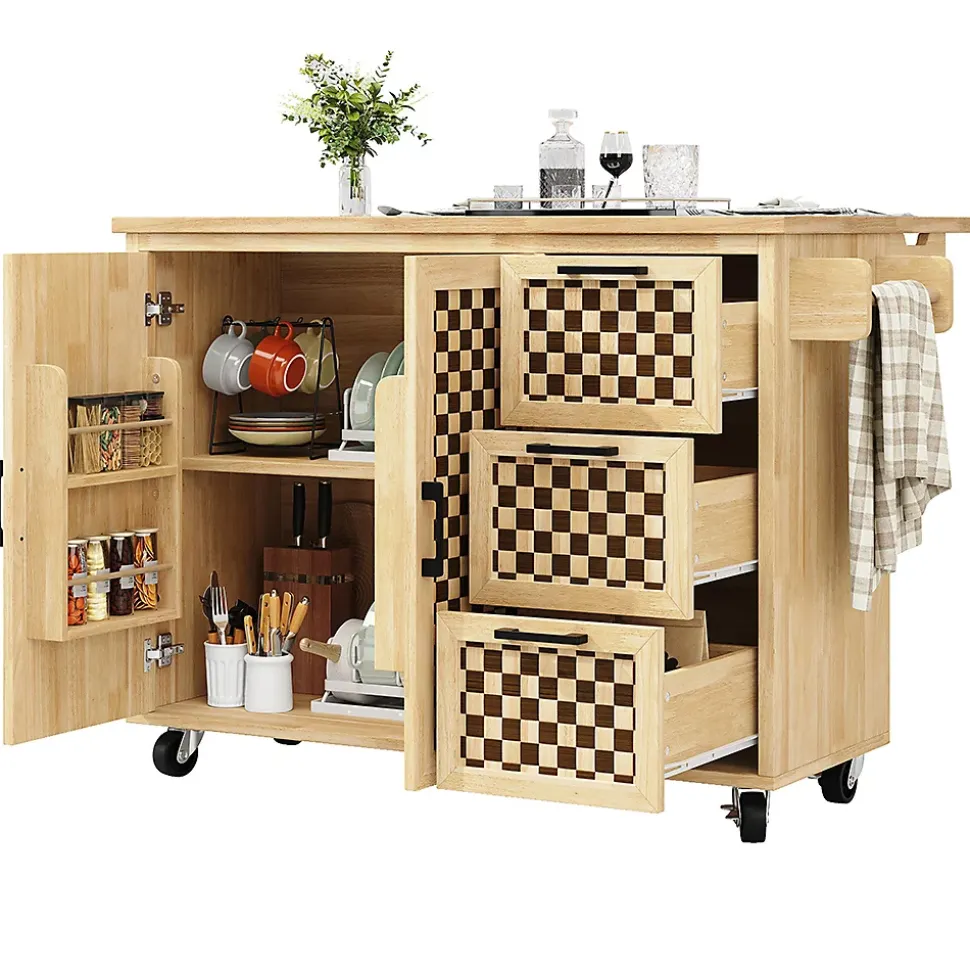 Îlot cuisine 120x45(75)x92cm - extensible, porte-serviettes, damier bois