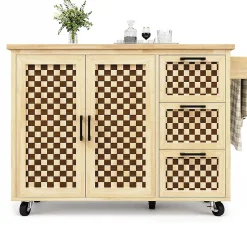 Îlot cuisine 120x45(75)x92cm - extensible, porte-serviettes, damier bois