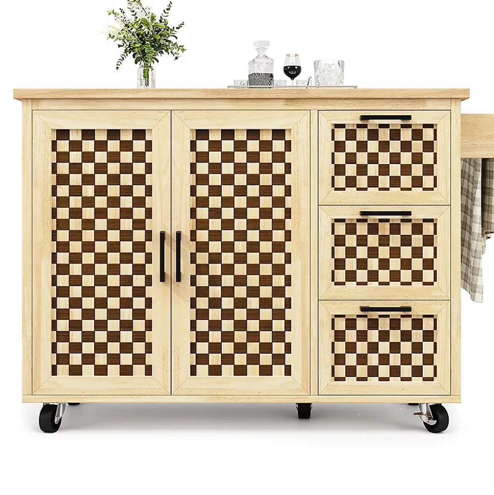 Îlot cuisine 120x45(75)x92cm - extensible, porte-serviettes, damier bois