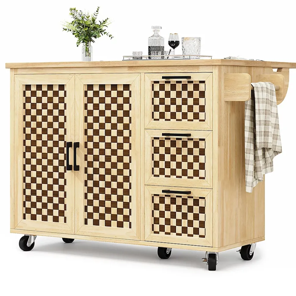 Îlot cuisine 120x45(75)x92cm - extensible, porte-serviettes, damier bois