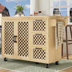 Îlot cuisine 120x45(75)x92cm - extensible, porte-serviettes, damier bois