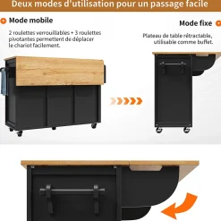 Îlot cuisine 120x73x92cm blanc/noir, rabattable+étagères+roulettes