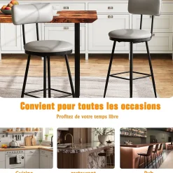 Lot de 2 chaises de bar gris foncé, similicuir, dossier ergonomique, cadre métal, confortables et faciles à nettoyer