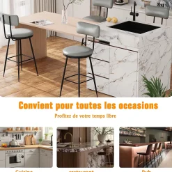 Lot de 2 chaises de bar gris foncé, similicuir, dossier ergonomique, cadre métal, confortables et faciles à nettoyer