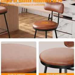 Lot de 4 chaises de bar marron en similicuir, dossier ergonomique, cadre métal robuste, confortables et faciles à nettoyer