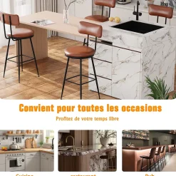 Lot de 4 chaises de bar marron en similicuir, dossier ergonomique, cadre métal robuste, confortables et faciles à nettoyer