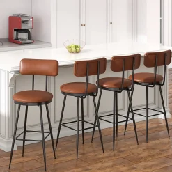 Lot de 4 chaises de bar marron en similicuir, dossier ergonomique, cadre métal robuste, confortables et faciles à nettoyer