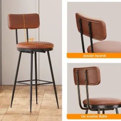 Lot de 4 chaises de bar marron en similicuir, dossier ergonomique, cadre métal robuste, confortables et faciles à nettoyer