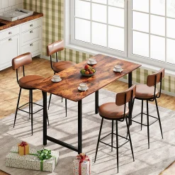 Lot de 4 chaises de bar marron en similicuir, dossier ergonomique, cadre métal robuste, confortables et faciles à nettoyer