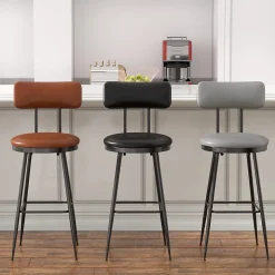 Lot de 4 chaises de bar marron en similicuir, dossier ergonomique, cadre métal robuste, confortables et faciles à nettoyer