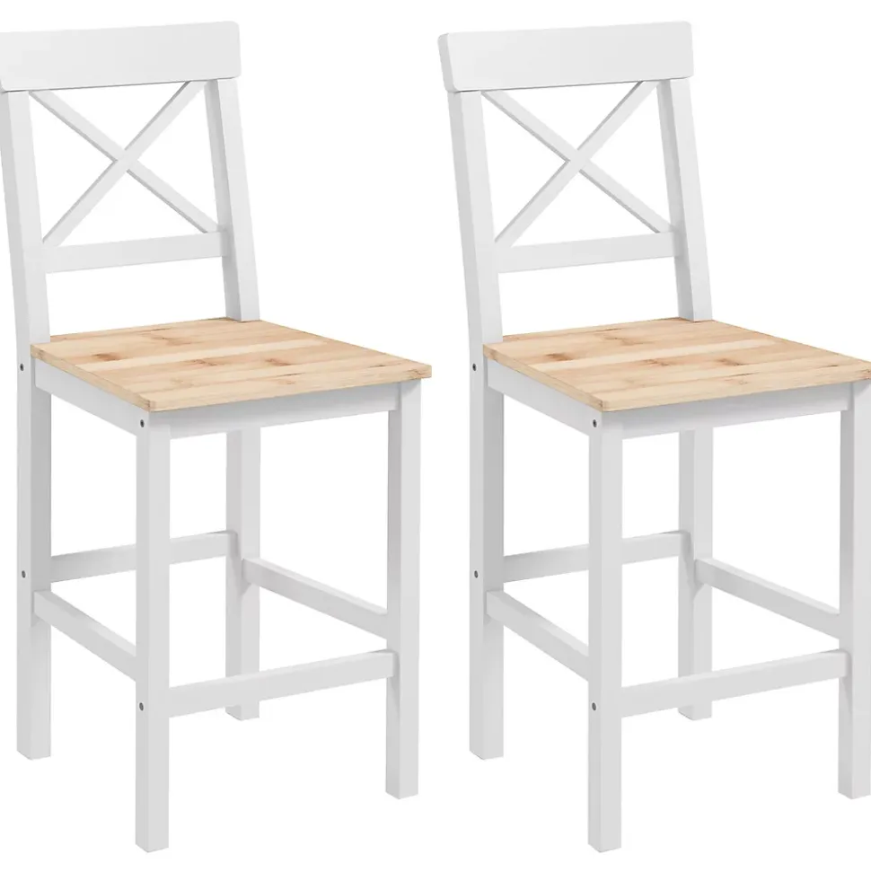 Lot de 2 chaises hautes chaises de bar style campagne chic dossier croisillon bois pin blanc naturel