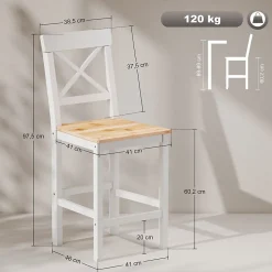 Lot de 2 chaises hautes chaises de bar style campagne chic dossier croisillon bois pin blanc naturel