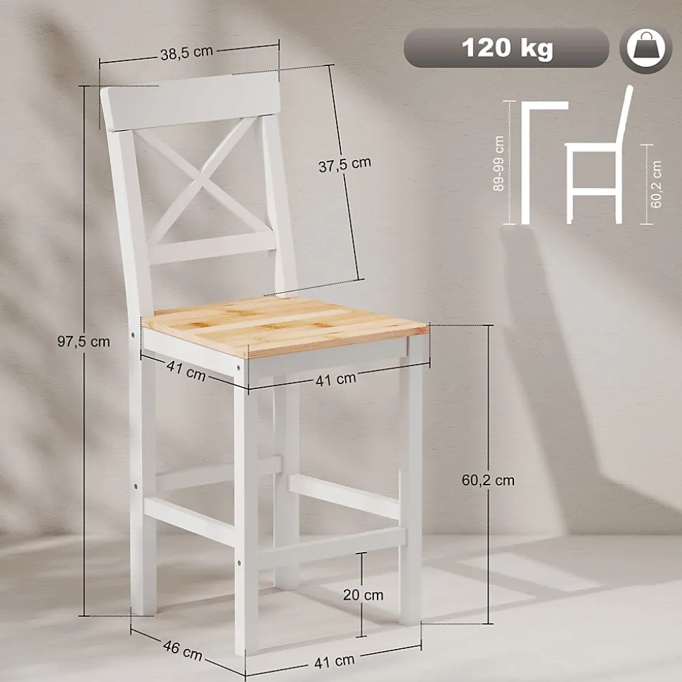 Lot de 2 chaises hautes chaises de bar style campagne chic dossier croisillon bois pin blanc naturel