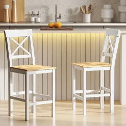 Lot de 2 chaises hautes chaises de bar style campagne chic dossier croisillon bois pin blanc naturel