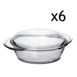 Lot de 6 cocotte ronde avec couvercle, casserole avec poignées en verre 2.3 L - Longueur 26 x Profondeur 20.2 x Hauteur 10.9 cm