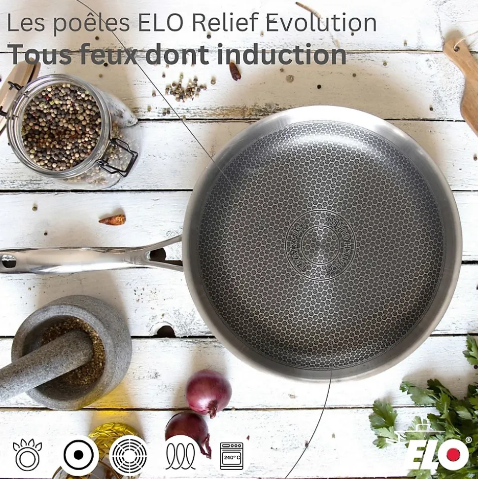 Lot de 3 Faitouts Elo Relief Evolution 12/14/26cm et Poêle 24cm