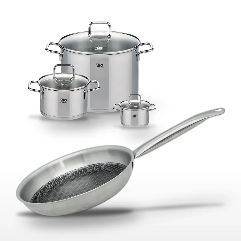 Lot de 3 Faitouts Elo Relief Solution 12/20/26 cm et Poêle 28 cm