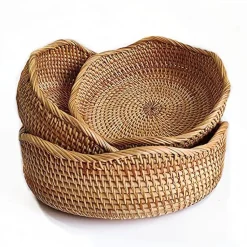 Lot de 3 paniers ronds en rotin artisanal